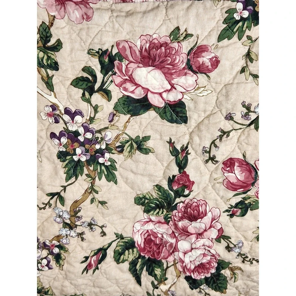 Pottery Barn Euro And Standard Shams Beige Pink Floral Quilted Cotton Linen